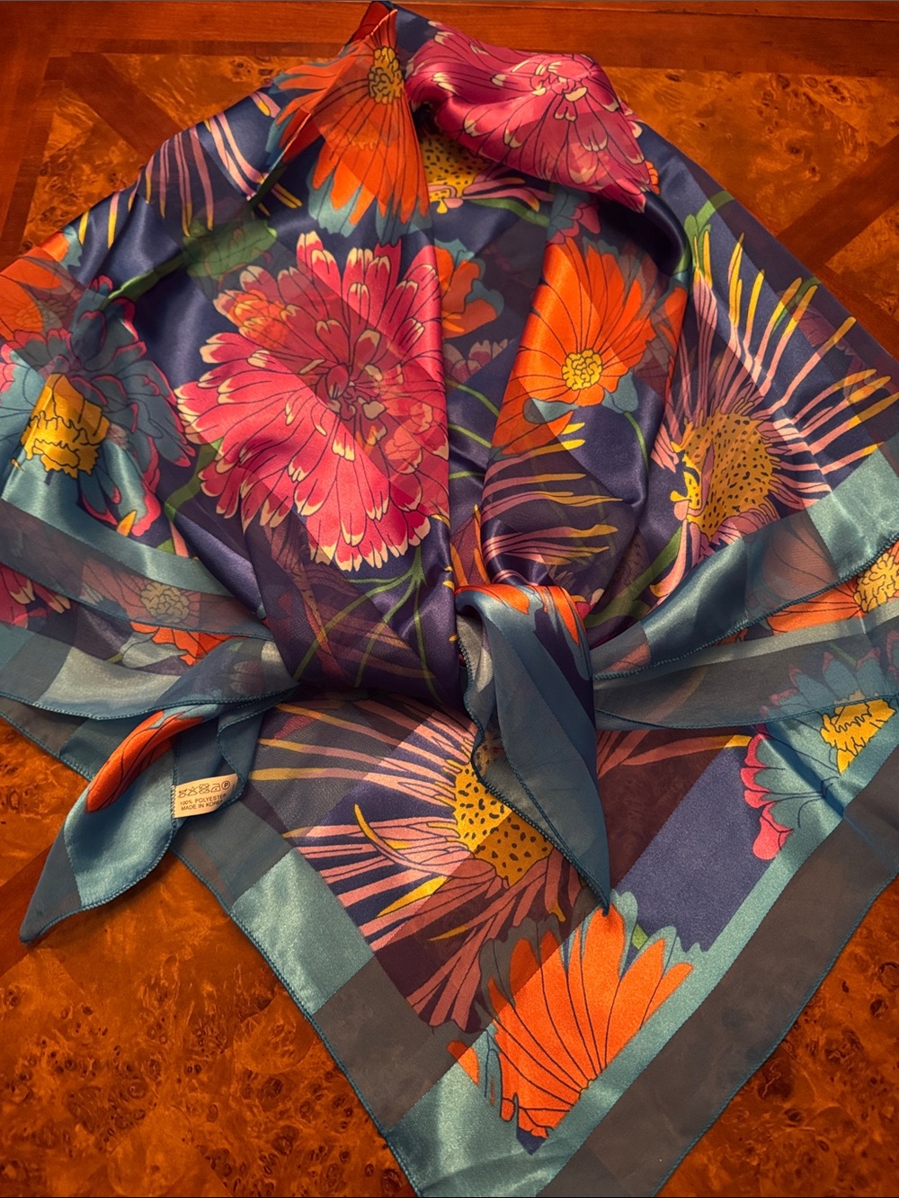 Silk-Feel Floral Square Scarf in Blue, Pink & Orange